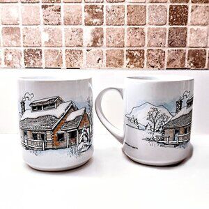Set 2 Vintage Thomas J. Lipton Co. 1990 Winter Mountain Cabin Coffee Cups Mugs
